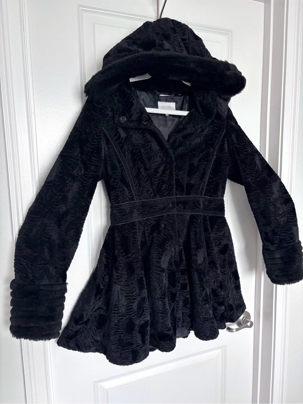 Laundry by Shelli Segal Black Faux Fur Hooded Fit & Flare Coat Jacket Small